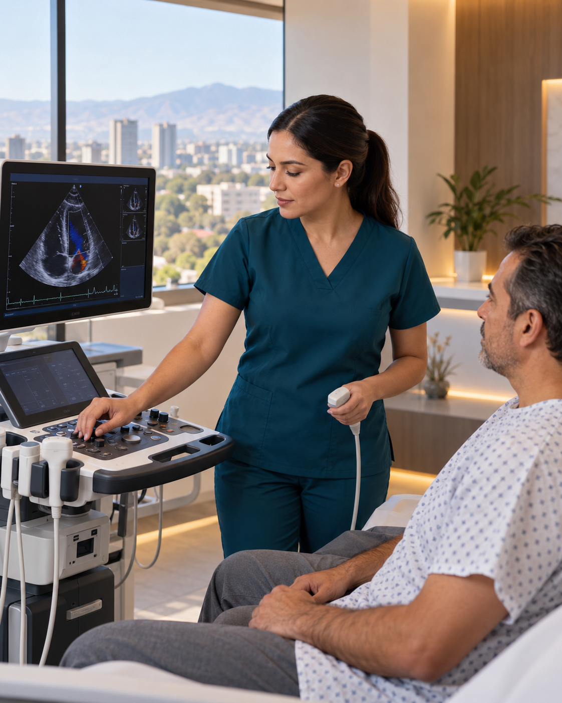 Profesional de salud preparando un equipo de ecocardiografía junto a un paciente